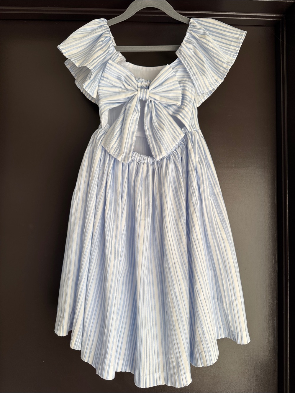 Light Blue & White Striped Girls' Casual Dress with Flutter Sleeves